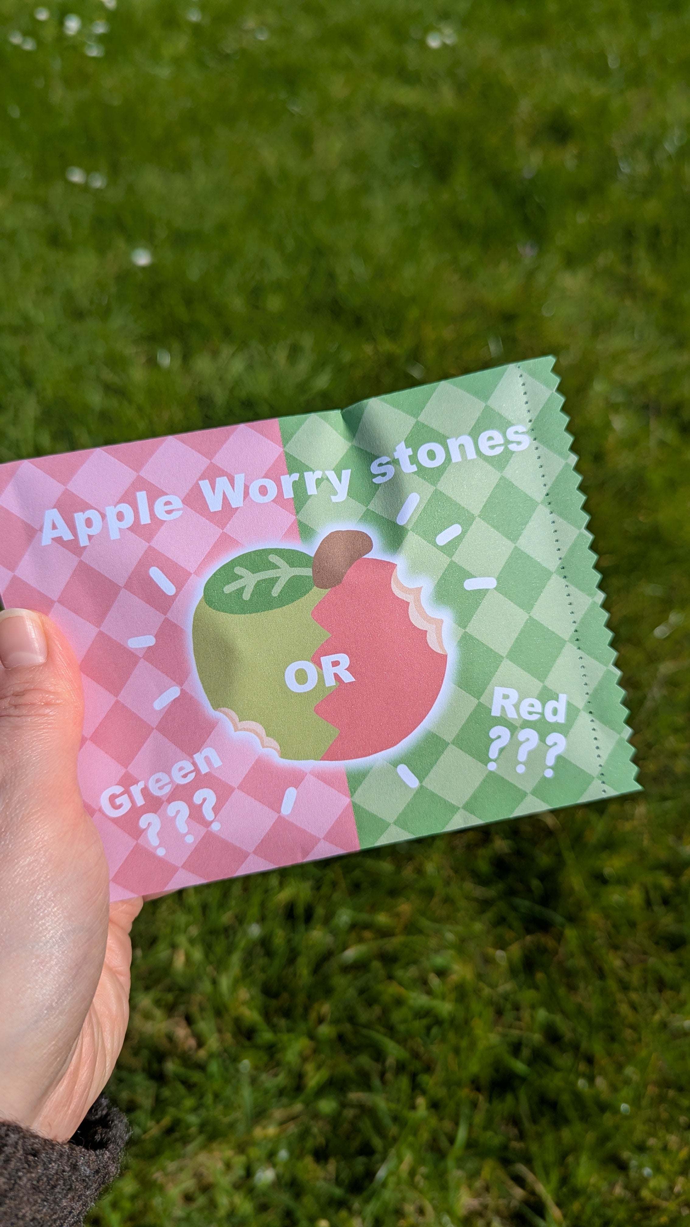 Hand holding a pack of Apple Worry Stones with a green and pink design on grass.
